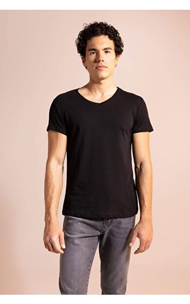 Slim Fit V Yaka Tişört Siyah