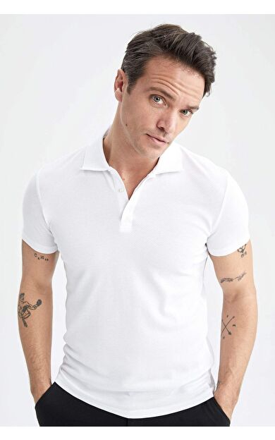 Slim Fit Polo Yaka Basic Kısa Kollu Tişört Beyaz