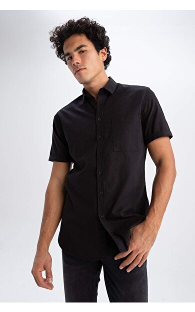 DeFactoFit Slim Fit Polo Yaka Kısa Kollu Gömlek Siyah