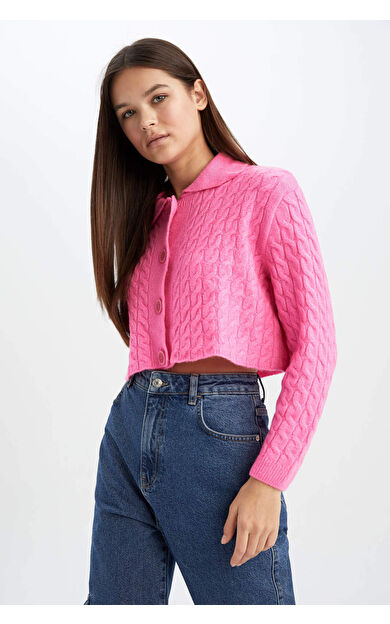 DeFacto Coool Polo Yaka Örgü Desenli Crop Triko Hırka