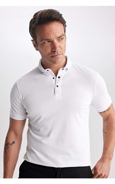 DeFactoFit Slim Fit Polo Yaka Kısa Kollu Tişört Beyaz