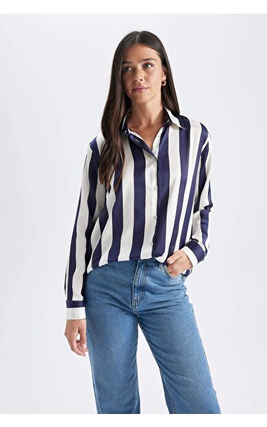 DeFacto Oversize Fit Gömlek Yaka Saten Uzun Kollu Gömlek
