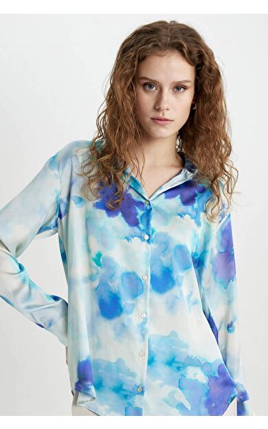 DeFactoFit Oversize Fit Gömlek Yaka Saten Uzun Kollu Gömlek