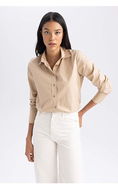 Oversize Fit Gömlek Yaka Poplin Uzun Kollu %100 Pamuk Gömlek