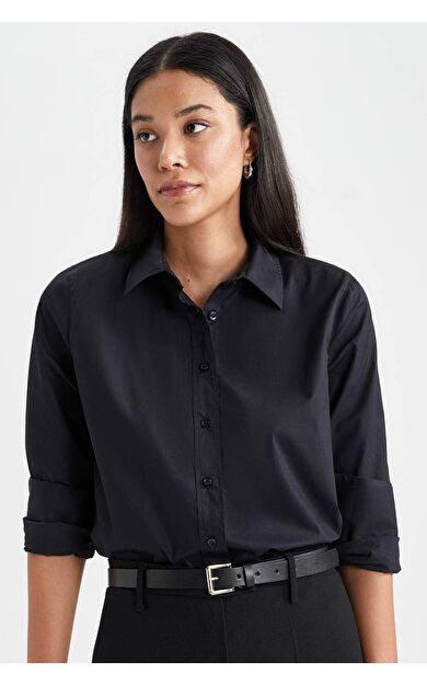DeFactoFit Oversize Fit Gömlek Yaka Poplin Uzun Kollu %100 Pamuk Gömlek