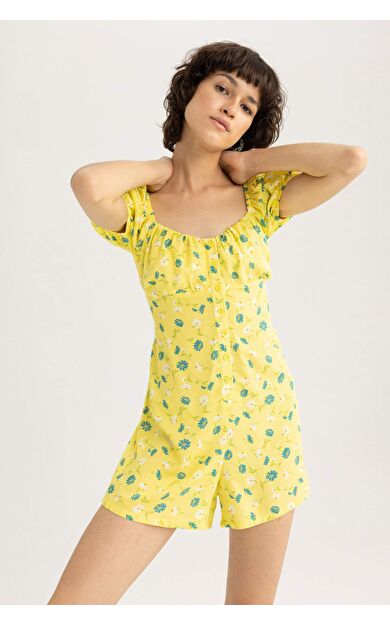 DeFactoFit Kalp Yaka Baskılı Kısa Kollu Tulum