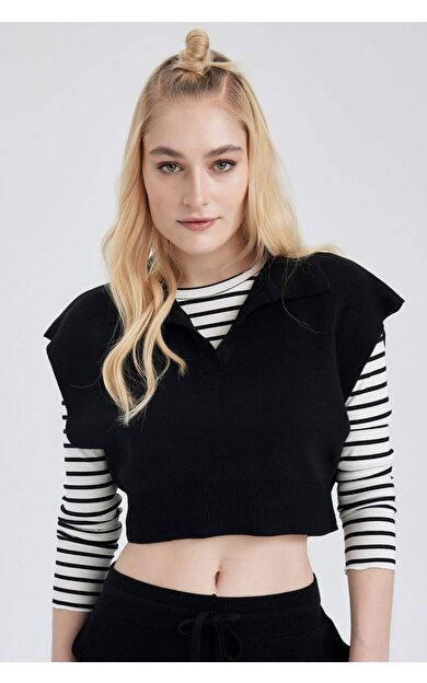 DeFactoFit Polo Yaka Relax Fit Crop Triko Süveter