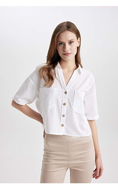 DeFactoFit Boxy Fit Gömlek Yaka Keten Karışımlı Kısa Kollu Gömlek V2523AZ24SMWT34