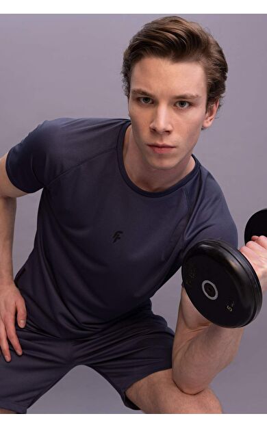 Defacto Fit Slim Fit Bisiklet Yaka Baskılı Sporcu Tişört İndigo