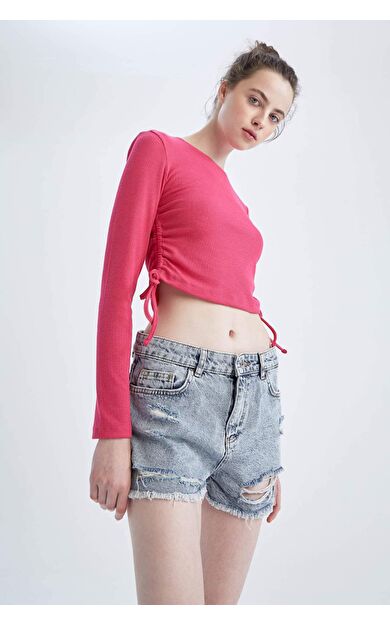 DeFacto Fitted Basic Uzun Kollu Crop Tişört
