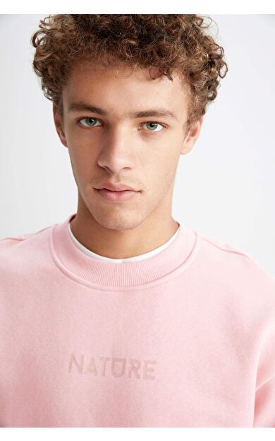 DeFacto Boxy Fit Bisiklet Yaka Baskılı İçi Yumuşak Tüylü Sweatshirt
