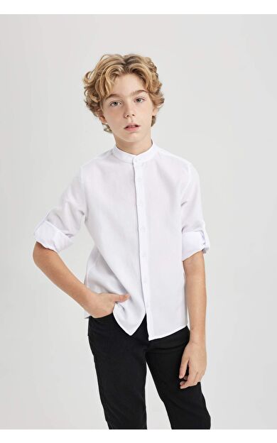 DeFactoFit Erkek Çocuk Regular Fit Dik Yaka Dokulu Uzun Kollu Gömlek