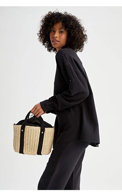 DeFactoFit Kadın Büyük Hasır Çapraz Çanta Bej