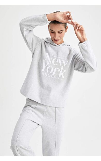 DeFacto Regular Fit Kapüşonlu Slogan Baskılı Sweatshirt