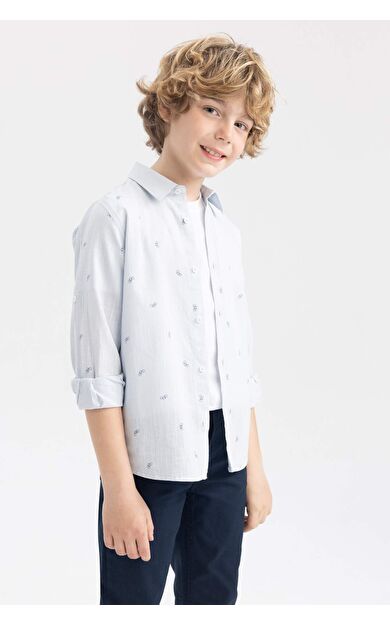 DeFactoFit Erkek Çocuk Keten Görünümlü Uzun Kollu Gömlek Mavi