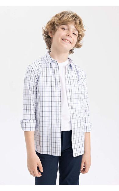 DeFactoFit Erkek Çocuk Kareli Poplin Uzun Kollu Gömlek Mavi