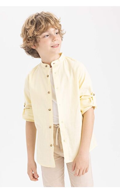 DEFACTO Erkek Çocuk Dik Yaka Keten Görünümlü Uzun Kollu Gömlek Z1035A623SMYL155