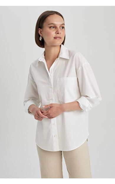 Oversize Fit Gömlek Yaka Poplin Uzun Kollu %100 Pamuk Gömlek