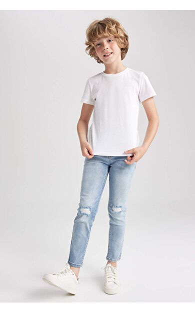 DeFactoFit Erkek Çocuk Slim Fit Yırtık Detaylı Jean Pantolon Mavi