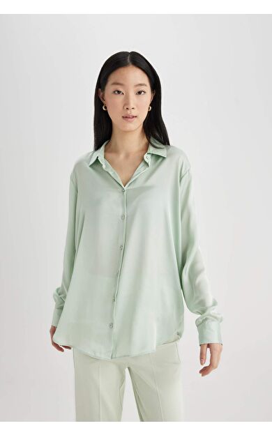 DeFactoFit Regular Fit Gömlek Yaka Saten Uzun Kollu Gömlek