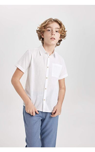 DeFactoFit Erkek Çocuk Regular Fit Polo Yaka Keten Görünümlü Kısa Kollu Gömlek