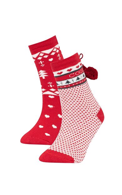 DEFACTO Kız Çocuk Yılbaşı Temalı 2'li Pamuklu Uzun Çorap Z3921A6NSRD2