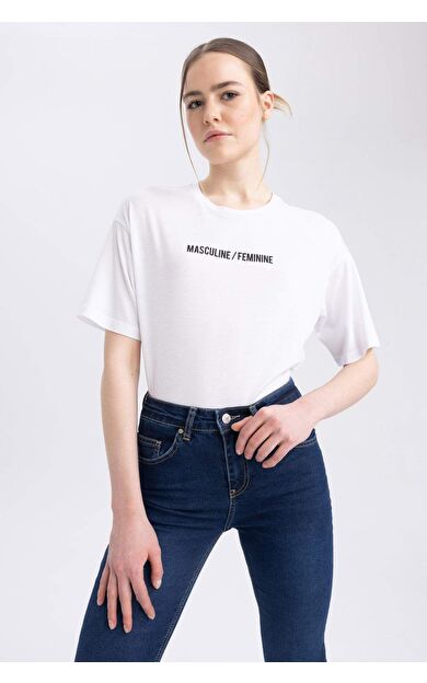 Sorbe X Defacto Bisiklet Yaka Slogan Baskılı Kısa Kollu Tişört Beyaz