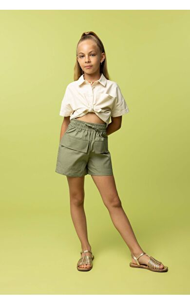 DEFACTO Kız Çocuk Crop Keten Kısa Kollu Gömlek Z4914A623HSBG734