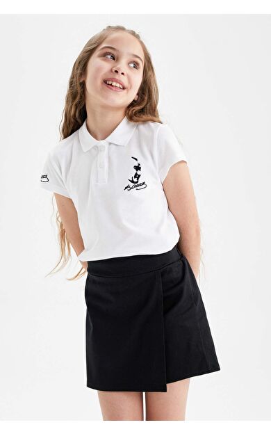 DeFactoFit Kız Çocuk Atatürk Baskılı Pike Kısa Kollu Polo Tişört Beyaz