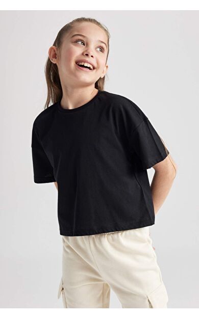 Kız Çocuk Crop Kısa Kollu Tişört Siyah
