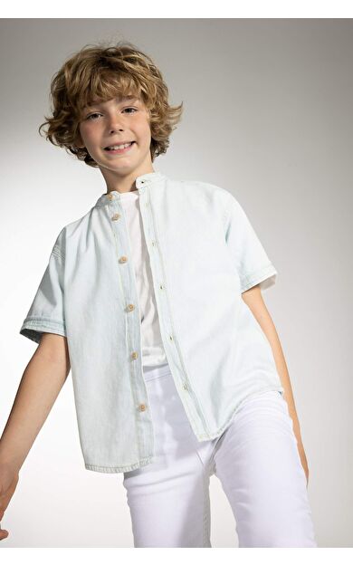 DeFactoFit Erkek Çocuk Oversize Jean Kısa Kollu Gömlek Mavi