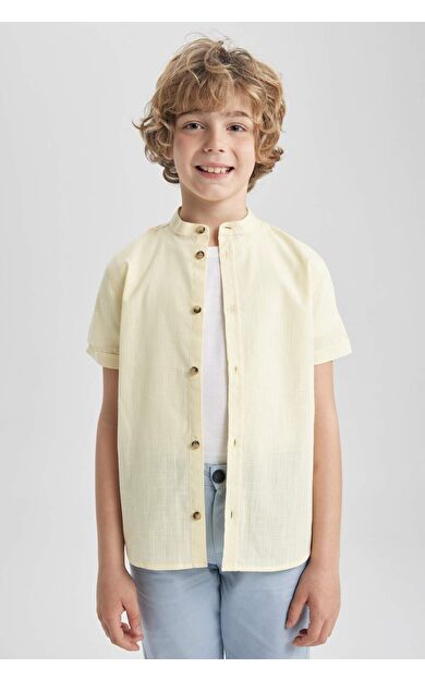 DeFactoFit Erkek Çocuk Dik Yaka Keten Görünümlü Kısa Kollu Gömlek Sarı