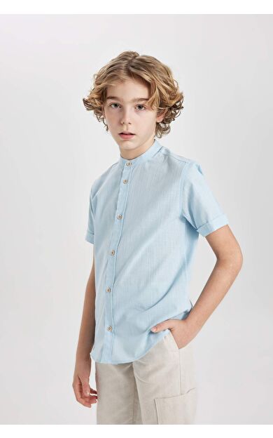 DeFactoFit Erkek Çocuk Regular Fit Dik Yaka Keten Görünümlü Kısa Kollu Gömlek