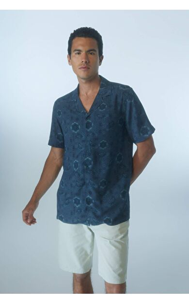 DeFactoFit Regular Fit Çizgili Viskon Kısa Kollu Gömlek Lacivert