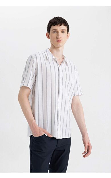 DeFactoFit Regular Fit Polo Yaka Pamuklu Çizgili Kısa Kollu Gömlek