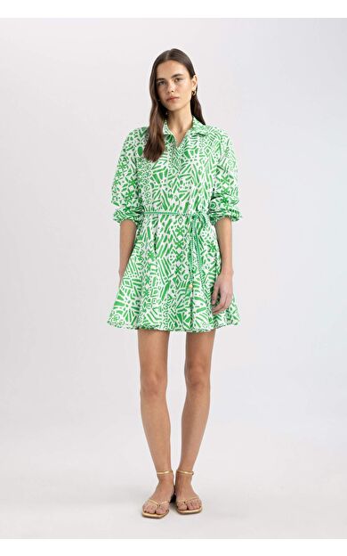 DeFactoFit Gömlek Yaka Baskılı Terry Cotton Uzun Kollu Mini Elbise