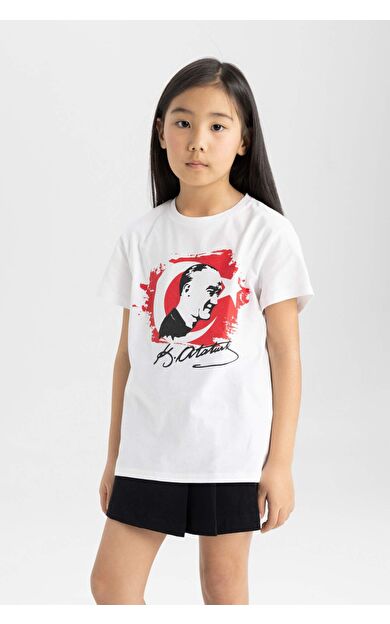Kız Çocuk Atatürk Baskılı Kısa Kollu Tişört Beyaz