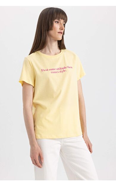 DeFactoFit Regular Fit Bisiklet Yaka Baskılı Kısa Kollu Tişört Sarı