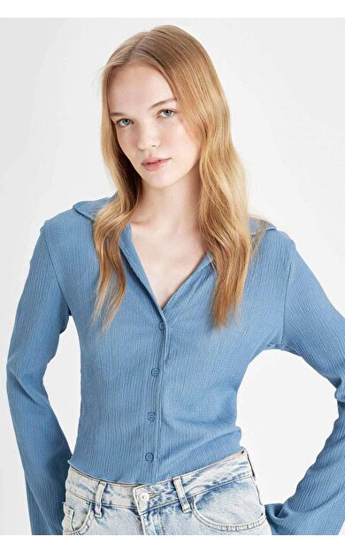 DeFactoFit Coool Fitted Uzun Kollu Crop Gömlek A0012AX24AUBE455