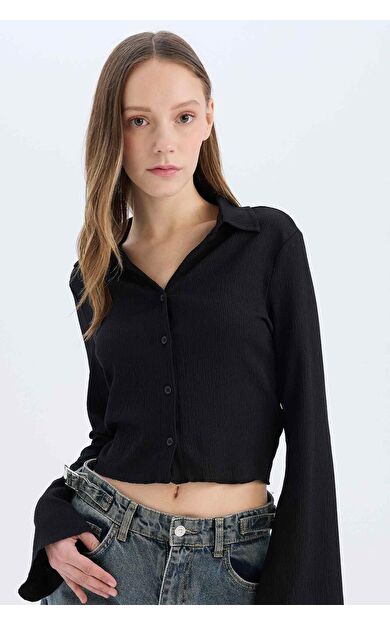 DeFacto Coool Fitted Basic Düz Bürümcük Uzun Kollu Gömlek