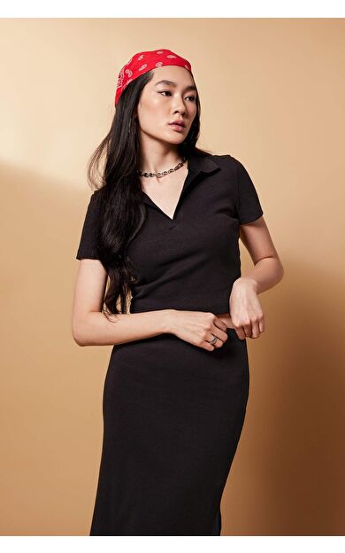 DeFacto Fitted Polo Yaka Kısa Kollu Tişört Siyah