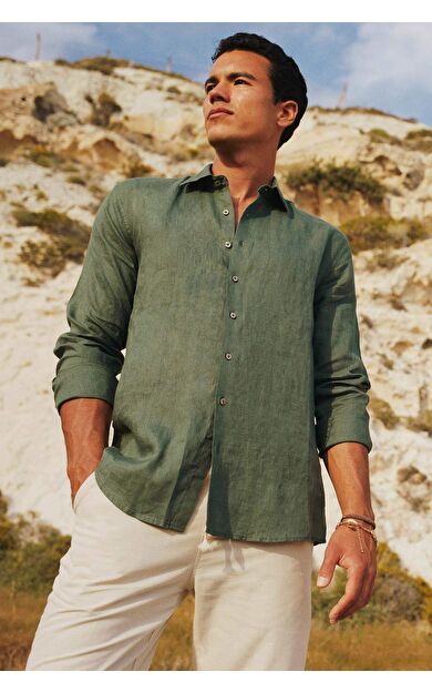 DeFacto Modern Fit İtalyan Yaka %100 Keten Uzun Kollu Gömlek