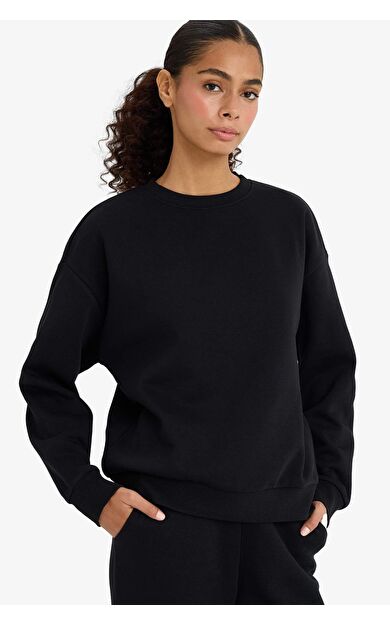 Relax Fit Bisiklet Yaka Basic Düz Kalın Sweatshirt Kumaşı Sweatshirt