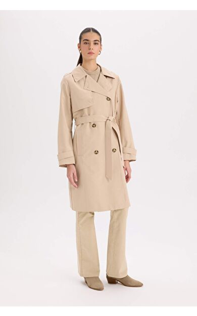 Su İtici Mevsimlik Trençkot Kruvaze Yaka Düğmeli Cepli Kemerli Apoletli