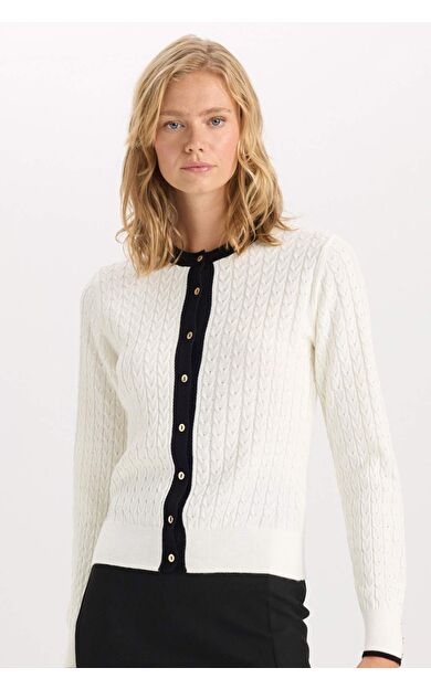 Fitted Bisiklet Yaka Düğme Kapamalı Basic Düz Triko Hırka