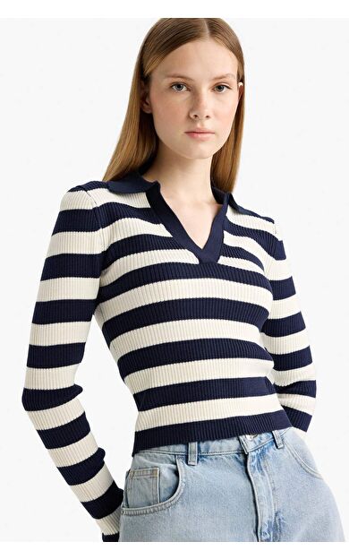 DeFacto Coool Slim Fit Dar Kesim Polo Yaka Çizgili Kazak