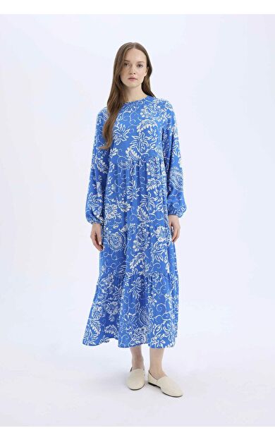 Bisiklet Yaka Desenli Uzun Kollu Maxi Elbise