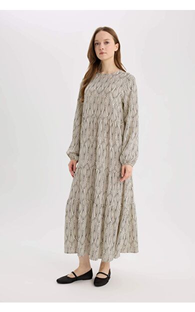 Bisiklet Yaka Desenli Uzun Kollu Maxi Elbise