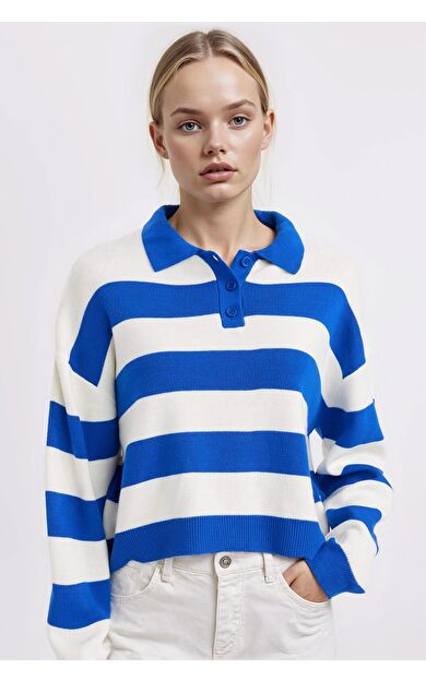 DeFacto DeFactoFit Regular Fit Polo Yaka Çizgili Triko Kazak