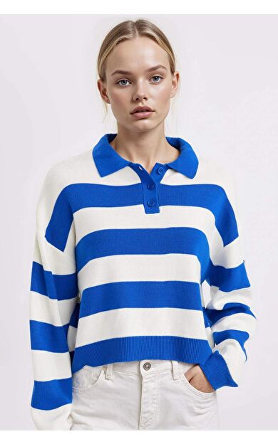 DeFactoFit Regular Fit Polo Yaka Çizgili Triko Kazak